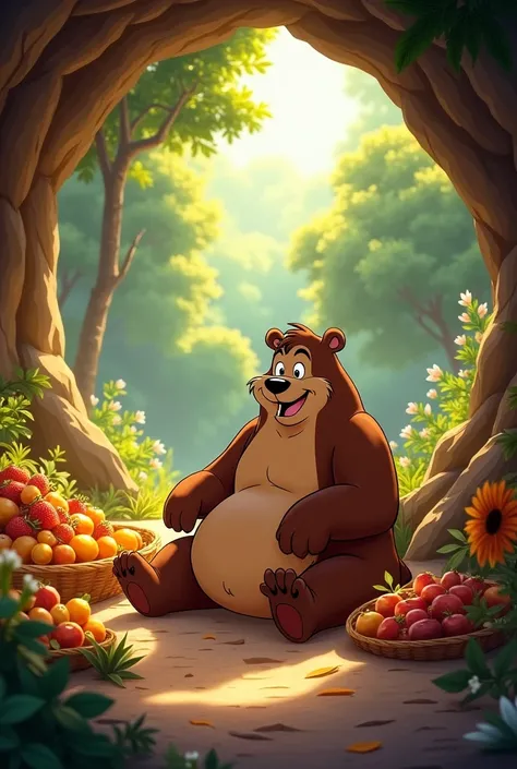 Baloo, the chubby brown bear, is sitting contently in a warm, cozy cave, surrounded by a large stockpile of food. His fur is now clean and shiny, and he looks happy and satisfied, smiling proudly. The cave is warm, with sunlight shining through, and outsid...