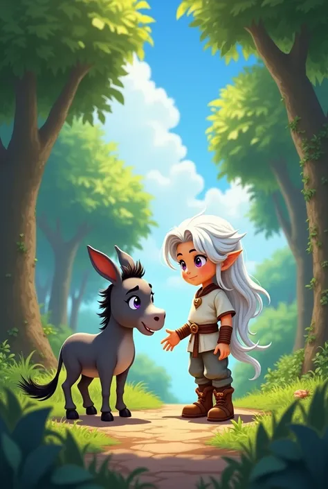 I want an image with a cartoon style, of a white-haired boy, purple eyes, long hair, in medieval clothing, long white shirt, with brown bracelets, brown pants and brown boots, that he is a human and meets a donkey in the forest 