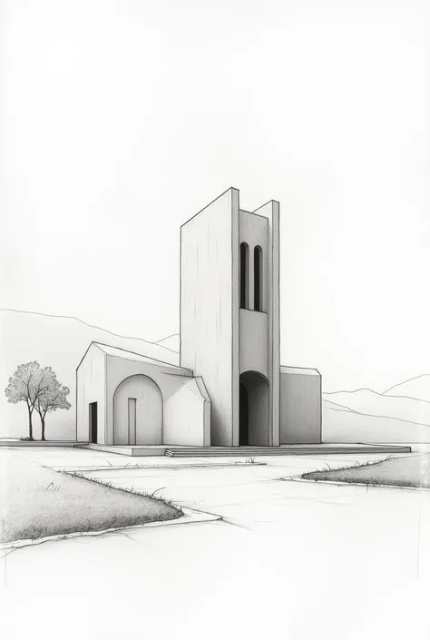 Modern and minimalist sketch of a parish inspired by the shape and meaning of the church in the Middle Ages