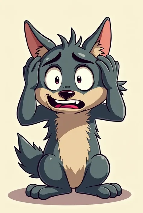 Image of a worried wolf with his hands on his head, cartoon