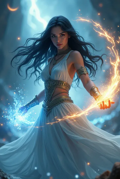 A beautiful black-haired girl who controls the elements of earth and water., mixing the 2 into a powerful beam of light