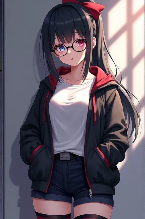  anime girl is 1,55, black hair , Front strands longer than those in the back, back in a long hair ponytail, with a red bow , fringe covering his forehead, white and soft skin, eyes of different colors, The left one is blue with a light blue gradient, the ...