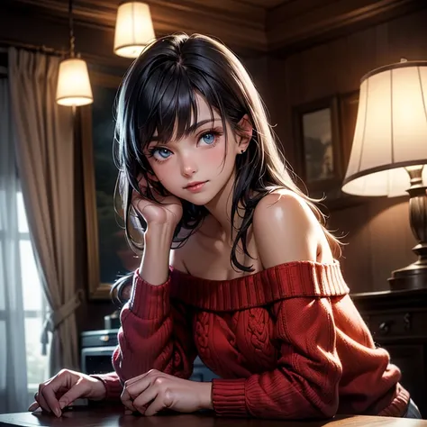 Masterpiece, best quality, high resolution, ultra detailed, slight smile, a woman long dark hair with bangs, light blue eyes, a beautiful girl looking at the camera, Frontal view, ((off-the-shoulder light red sweater,)) bare legs, night, warm interior room...