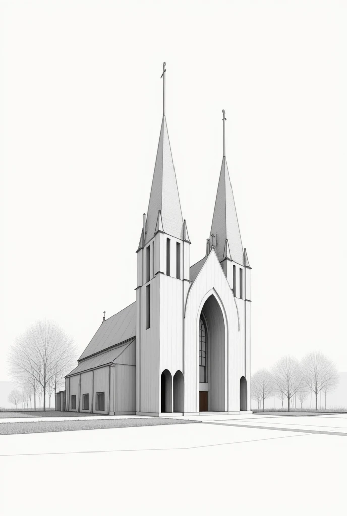 Modern sketch, large but minimalist parish church inspired by the shape and meaning of the church in the Middle Ages 