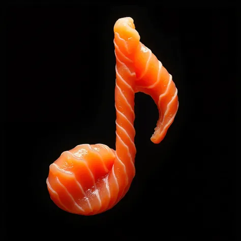 Professional photo, Visualization, a musical note made from pieces of juicy delicious salmon, 3d Visualization, voluminous, black background, studio light
