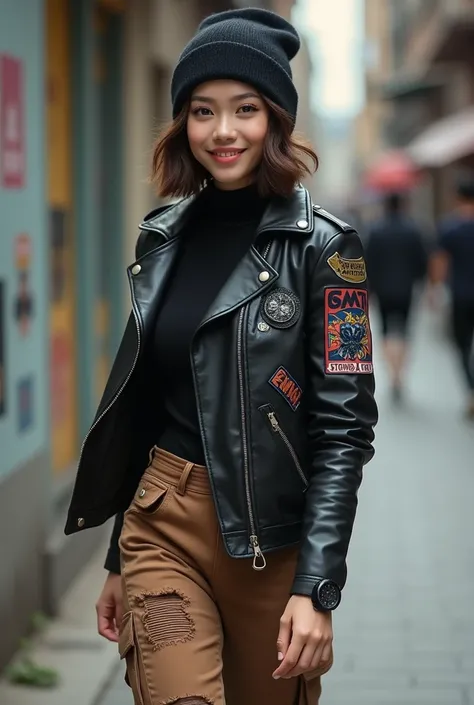 Seorang gadis cantik Indonesia berkulit putih wajah terawatsempurna  berambut cokelat disanggul keatas ala korea mengenakan beanie hitam dan jaket kulit hitam Which dihiasi berbagai macam tambalan. brown cargo pants knee length ripped many pockets ,cool bl...