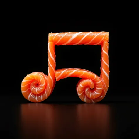 Professional photo, Visualization, musical double note with a bridge note made of pieces of juicy delicious salmon, 3d Visualization, voluminous, black background, studio light
