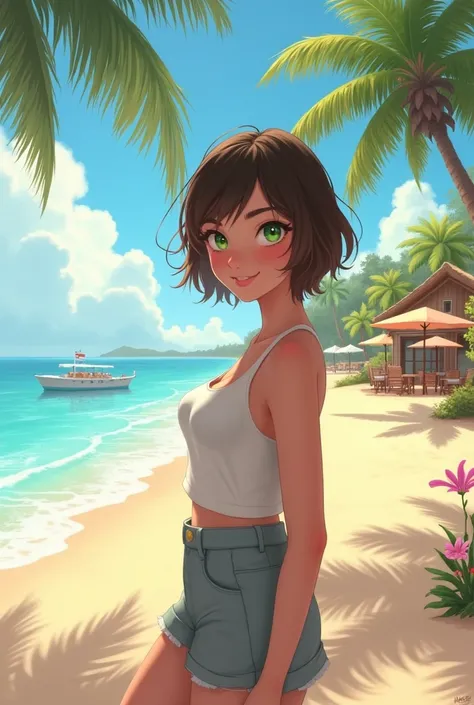 A sunny morning, with Clara walking along the beach. She has short hair and delicate bangs., with bright green eyes. the sea in the background, palm trees swaying in the wind, and a newly opened cozy cafe