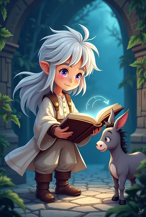 I want an image with a cartoon style, of a white-haired boy, purple eyes, long hair, in medieval clothing, long white shirt, with brown bracelets, brown pants and brown boots, that is a human, is that deciphering a waveform in a magic book and that he meet...