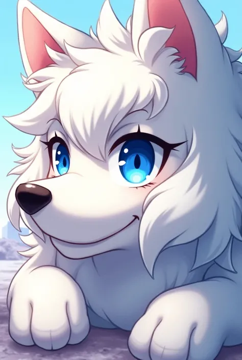 anime - style drawing of a furry dog with blue eyes and a white mane, furry art!!!, pov furry art, fursona furry art commission, fursona art, very very beautiful furry art, fursona commission, fursona!!!!, anthro paw pov art, furry paw pov art, furry furso...