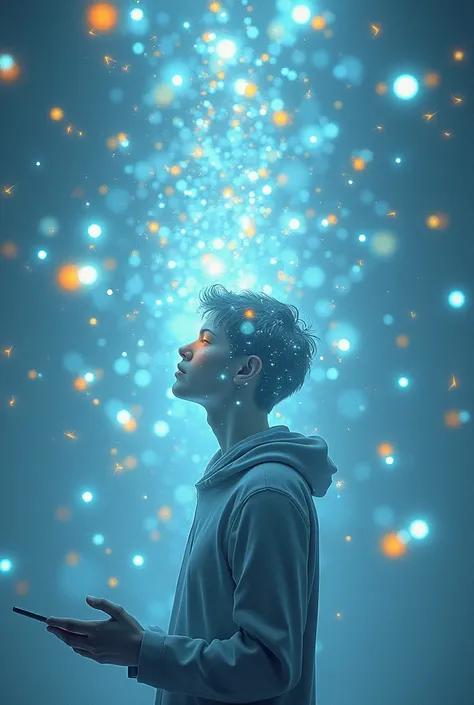 A person surrounded of social media notifications in the style of multiple exposure, vray tracing, transparency resin, light white and light blue, rendered in cinema4d, fanciful illustrations, iridescence/opalescence