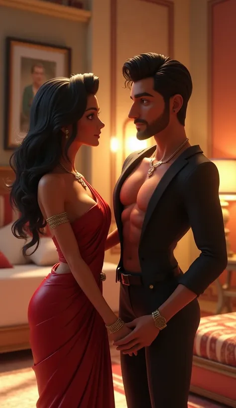 A man and woman sitting talking to each other in the bedroom 3d animation, wear attractive clothes in saree pants shirts, smiling good figure,big cheeks, curvy, hourglass figure, swooping breasts, deep cleavage, open arms, sexy armpits,big penis, nipples, ...