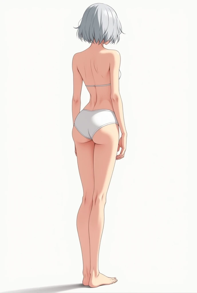 beautiful, (masterpiece anime drawing), woman, short silver hair, arms at sides, (facing completely away), view from behind, bare back, standing up, 
plain white background, white underwear, perfect back