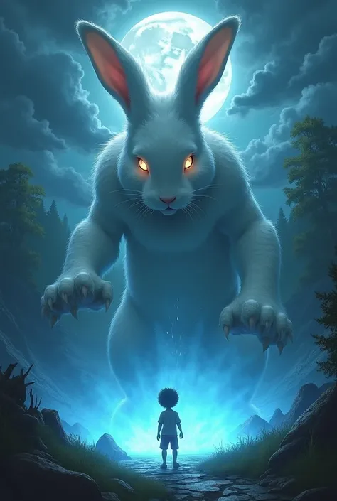 It depicts a dramatic scene in which a giant white rabbit, much bigger than before, is behind a child. The rabbit is about to push the boy into a deep well, and the child looks shocked and terrified. The well glows with a soft blue light from within., and ...