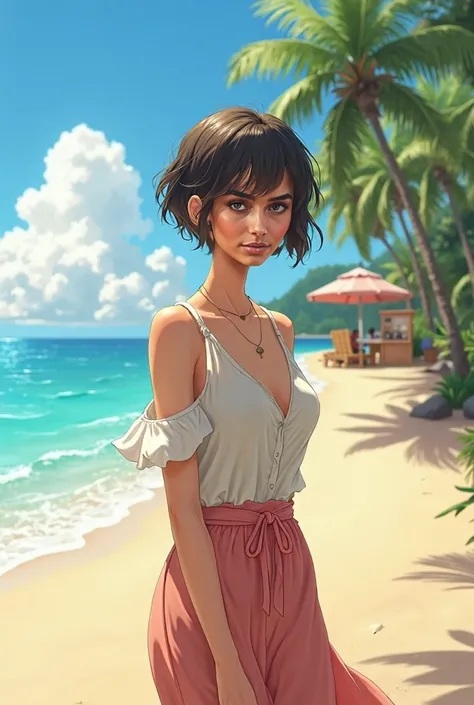 A sunny morning, with Clara walking along the beach. She has short hair and delicate bangs., with bright green eyes. the sea in the background, palm trees swaying in the wind, and a newly opened cozy cafe