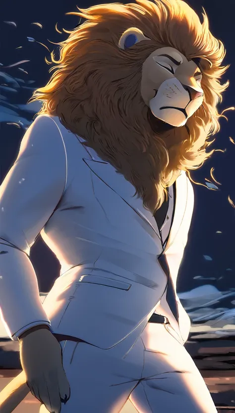 Art of a lion fursona, in Mane hairstyle, wearing a white suit, model pose, stopped, wind, with eyes closed, at night in low background lighting.