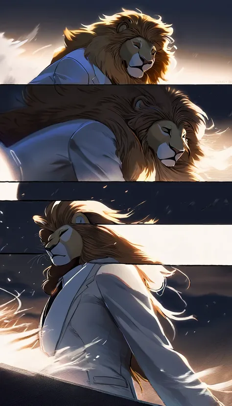 Art of a lion fursona, in Mane hairstyle, wearing a white suit, model pose, stopped, wind, with eyes closed, at night in low background lighting.