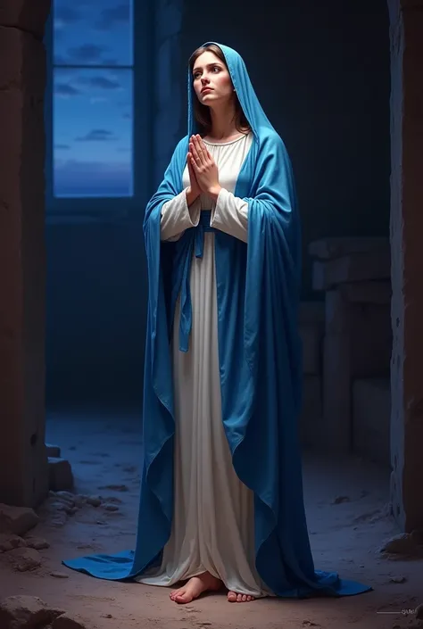 Make me a realistic and well detailed image of the Virgin Mary, age 30 years, He wears a soft white cotton robe., an ultramarine colored cloak, a blue ribbon around the waist, barefoot. hands in prayer position. is standing on the dirt floor in a room. The...