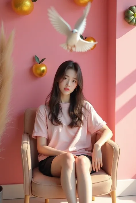 Beautiful Korean woman with loose hair sitting on a chair wearing a pink shirt, flip-flops, black shorts with a pink wall background with fruit characters that say JANJI TOK NGELEH BRO in 3D embossed golden color shining with the effect of a dove flying in...