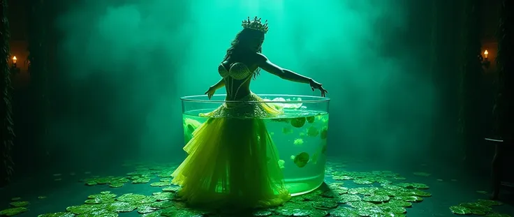 Full body cinematic photograph of Princess Tiana as a sexy burlesque dancer wearing a Lily Pad Inspired green and yellow elaborate sexy jeweled burlesque costume, lots of exposed skin,  on a dark stage with green and blue filtered directional spotlighting ...