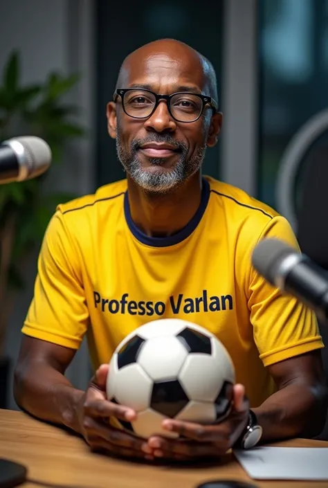 Create an image of a 5 black soccer coach with short, hairless face and large cheeks wearing glasses with the words Professor Varlan written on his yellow shirt holding a world soccer ball, sitting at a podcast table being interviewed 