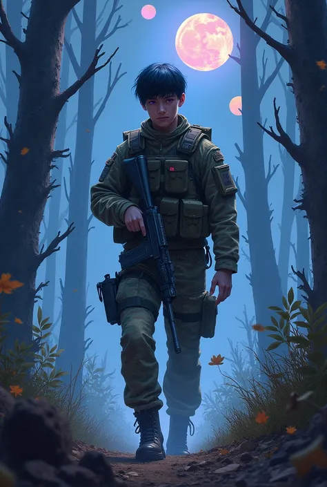 Modern soldier in a fantasy world, camouflage uniform, military black short hair, ak47 rifle,fantasy forest, fantastic unknown animals, night sky with 3 moons, Landscape from another world, black hair, Violet eyes, American soldier, Shine, Should, From abo...