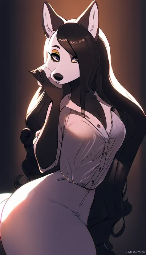 Art of a fursona face Fox, white, negro, on long hair, wearing a blouse, pose, stopped, at night in low background lighting