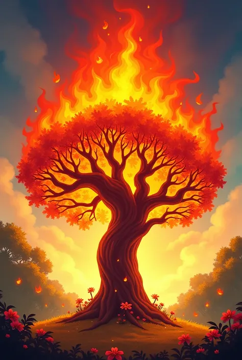 cartoon tree on fire