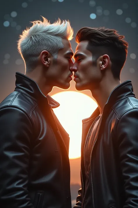 high quality, high definition, 4k, without shadows,Two handsome men, 1male, , adolescent, short white hair, sharp eyes, gray eyes, deep grey eyes, grey eyes, the other shorter man,brown hair color ,and the two of them are kissing The devil may cry, close u...