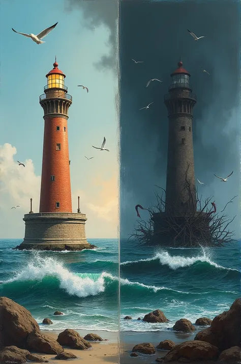 Create a painting with a sea with a beautiful lighthouse but in the other painting create the same sea but something more terrifying due to human pollution. 