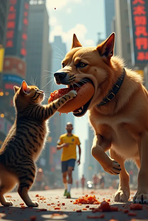 Make a cat fight by beating a giant dog eating a hot dog while Neymar walks behind 