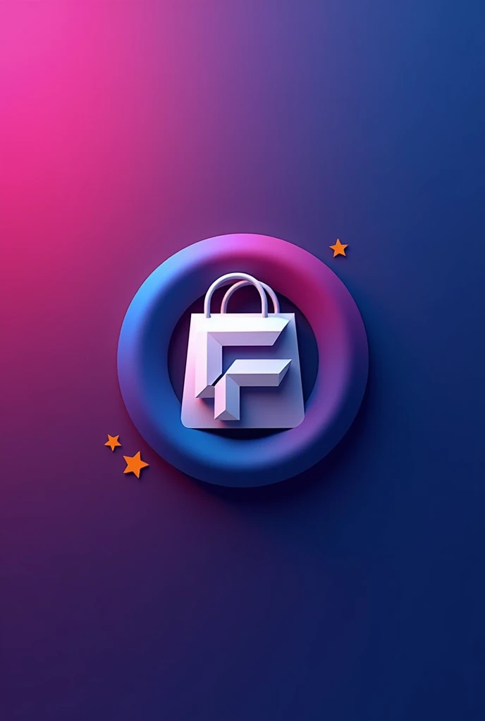 A round logo with a shopping bag in the background in the middle the capital letter f with a fuchsia and blue background color 