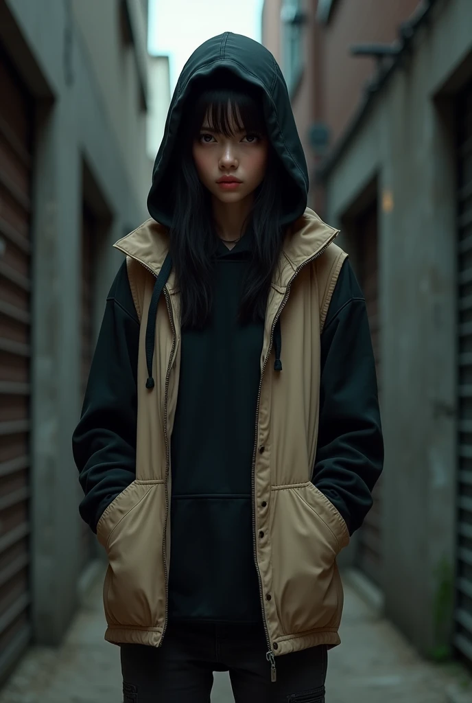 A girl wearing black hoodie layered with beige vest