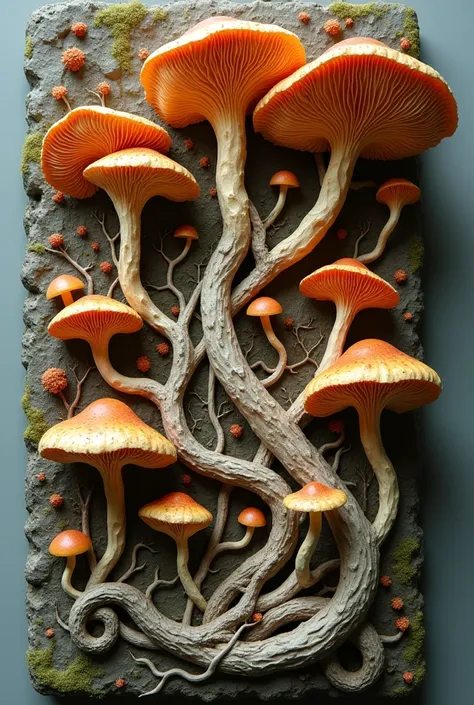 Fungi create a semi-relief sculpture，The roots grow from underneath