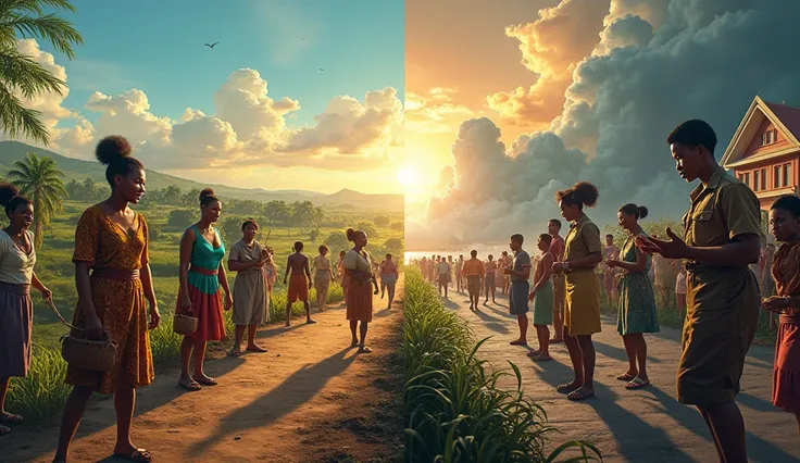 Create an image that represents the duality of Liberia&#39;s history. On the left side, show a united community in 1930, with smiling people working together in the fields and celebrating their culture, symbolizing hope and strength. On the right side, rep...