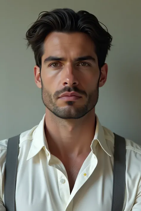 A realistic man with dark hair and dark eyes color, wearing a white shirt and gray suspenders