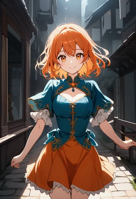 a girl with orange medium hair, wearing a majolica blue blouse, a orange mini skirt, and boots of clove dye color, with orange mild eyes, smiling at us