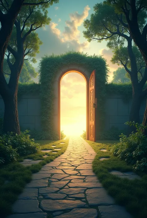 I want an image where there is a path and that path takes me to a door that is in front and that the door is open and that shines or illuminates a light, (assimilating more to the sky) 