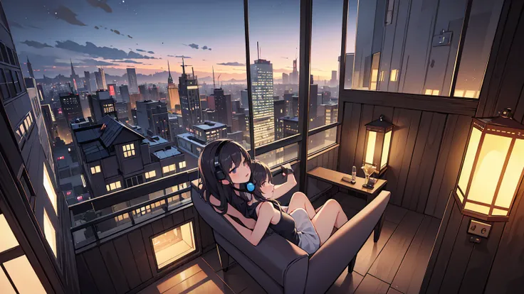 (masterpiece, Best quality),1 female,Put in letterbox, perfection of fashion,swollen lips,city night view,Back view,Luxurious interior,Elaborately drawn,Realistic,cold atmosphere,,Skyscrapers unfold before your eyes,Wearing a high-end headset,Sitting on th...