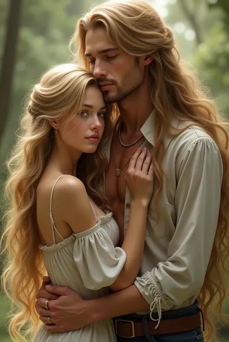 Beautiful girl with long blonde hair hugging a tall man, with very long light brown hair, face with only mustache