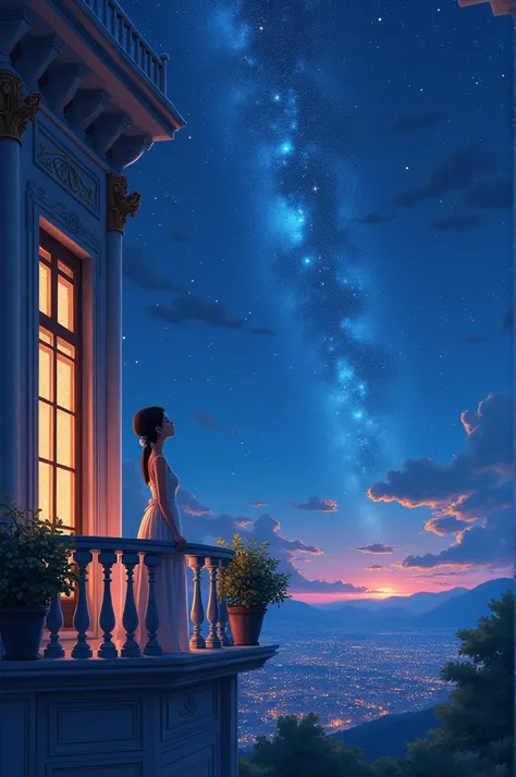 (masterpiece, Highest quality:1.3, 8k, Beautiful and detailed pixel art:1.2, Vivid, woman, 若いwoman, a girl lookin at stars in the balcony