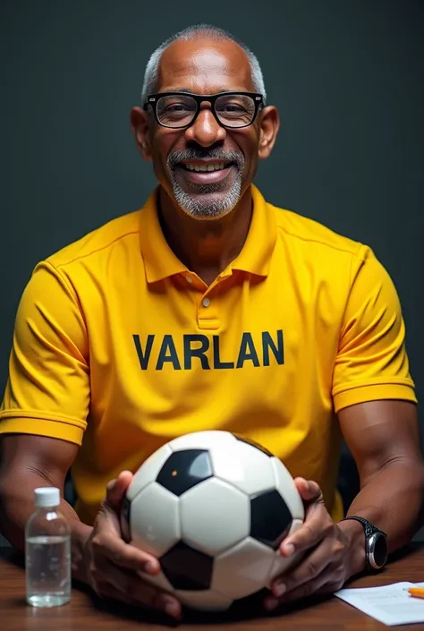 Create an image of a 5 football coach with a wide face, black skin, short-cropped hair, no facial hair and large cheeks, wearing glasses, written on his yellow shirt, the print with the words Professor Varlan holding a world soccer ball, sitting at a podca...