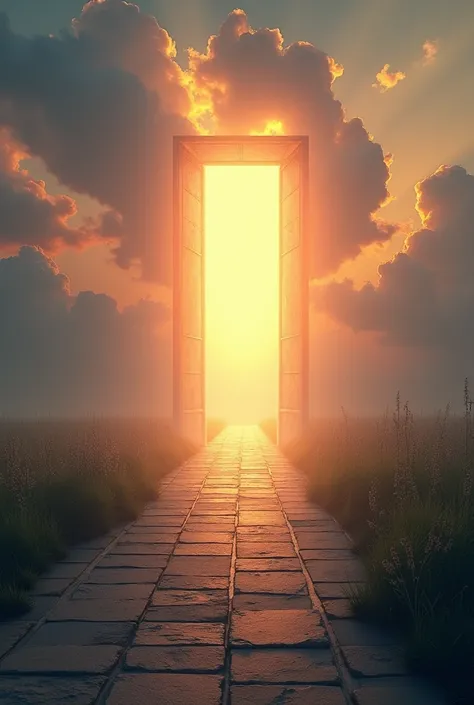 I want an image where there is a path and that path takes me to a door that is in front and that the door is open and that shines or illuminates a light, (assimilating more to the sky) and leave me a big space to write some letters