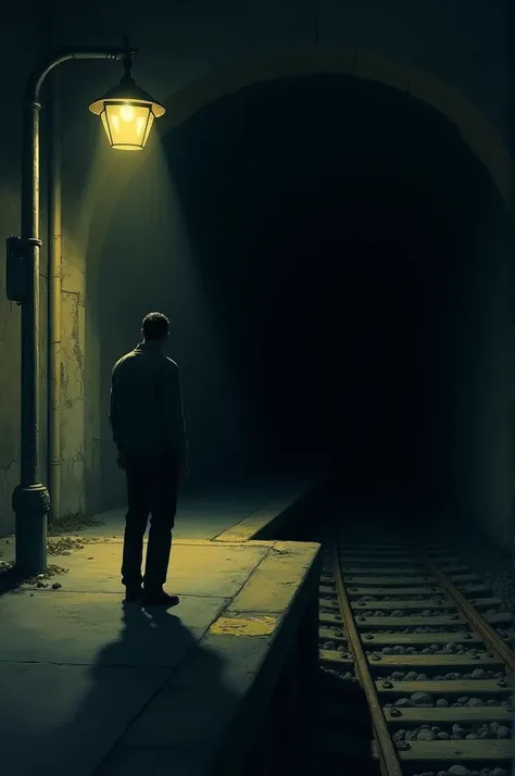 The illustration showed an empty platform at night lit by a dull, yellow lamp. A single man stood the under lamp, his face turned towards the black mouth of tunnel.