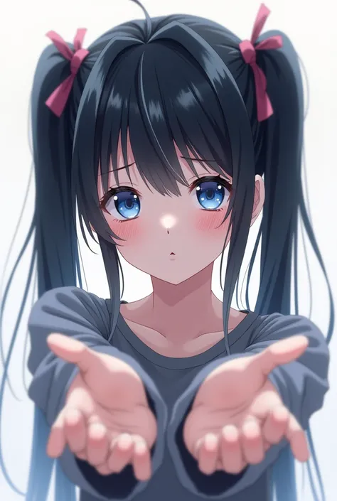 bangs, Black Hair, Twin tails, Blue eyes,One girl, Deformed cheek blush, Character portrait, Stretch your hands out in front of you,There is a lot of white space, Front blur, anime, 