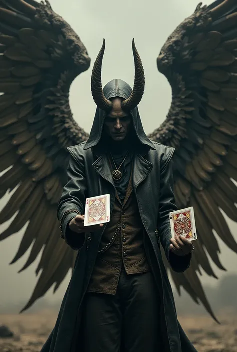 Winged human with wings, a clipped wing, leather coat and playing cards