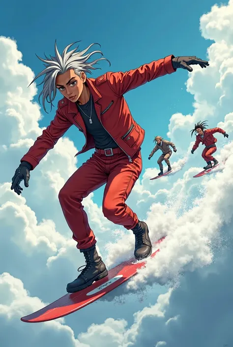 Create a scene of a male anime character in a cloud riding race against multiple competitors in the background, the character is literally surfing on a cloud , the character appearance is brown skin with mid length grey stylized dreadlocs ,one red cat eye ...