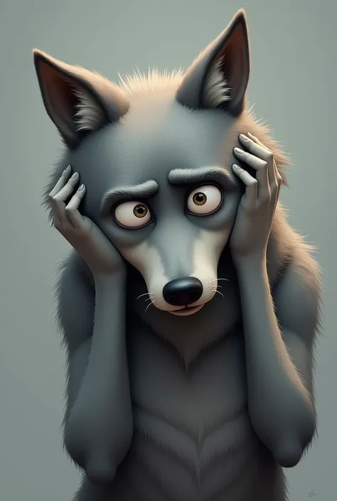 grey Wolf, worried with his hands on his head