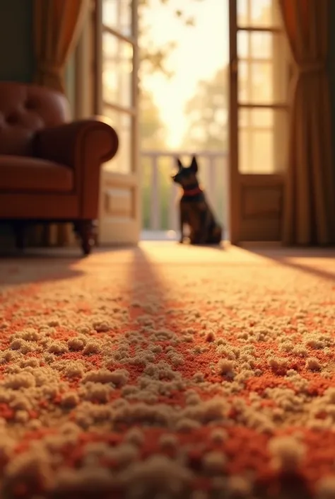 A carpet in a house and in the background you can see the silhouette of a dog