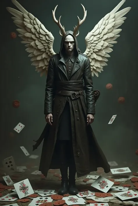 Winged man with wings, a clipped wing, leather coat and playing cards